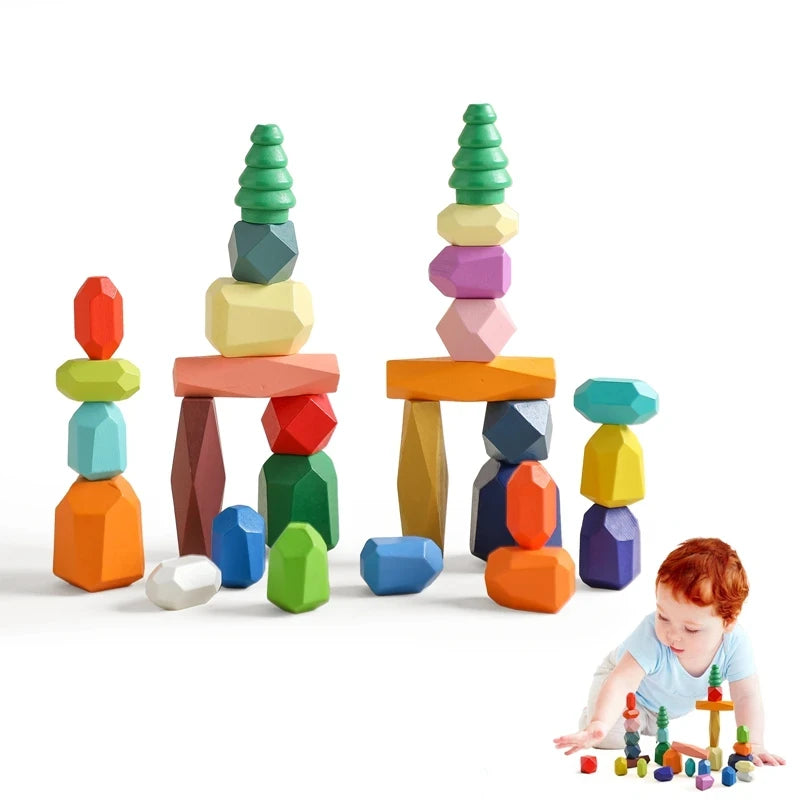 Montessori Wooden Rainbow Stacking Stones – Balancing Blocks